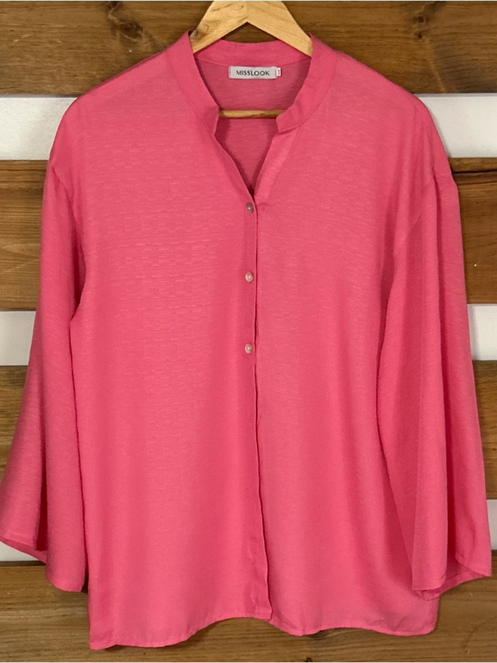 MISSLOOK Bubble Gum Pink 3/4 Flare Sleeve Button Down Lightweight Blouse Size M